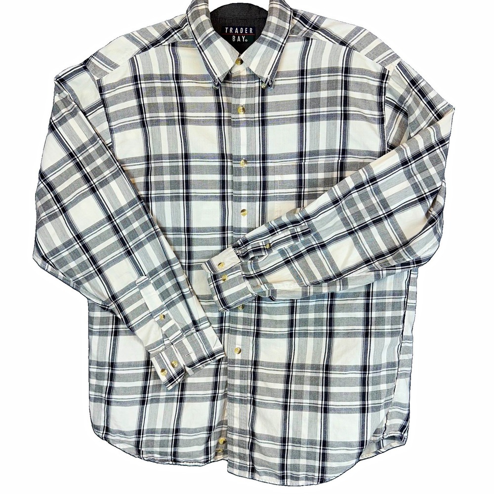 Trader Bay Plaid Gray/White Cotton Flannel Button-Down Shirt Long Sleeve L